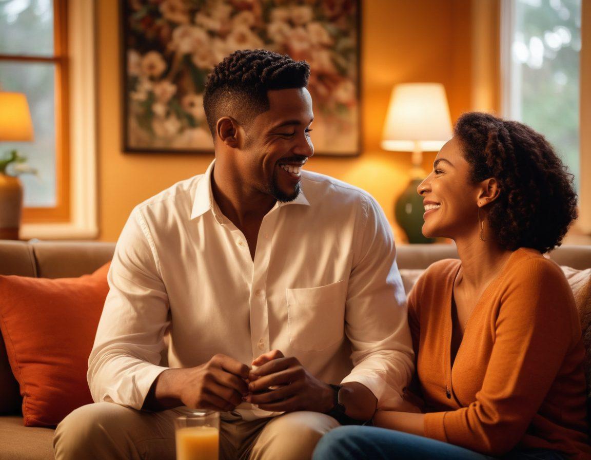 An intimate scene of a diverse couple sharing a joyful moment in a cozy living room, surrounded by warm colors and soft lighting. They are engaged in a loving activity, such as cooking or playing a game, with personal touches like family photos and plants in the background. Emphasize warmth, connection, and happiness to evoke the essence of companionship in marriage. super-realistic. vibrant colors. warm lighting.