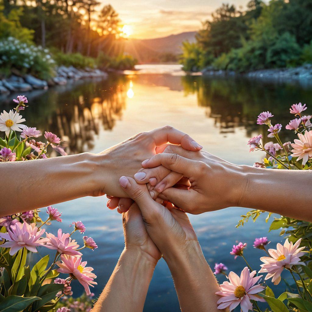 A heartwarming scene of two hands gently clasped together, surrounded by elements representing trust and affection like soft glowing lights. In the background, a serene nature setting with blooming flowers and a tranquil river flowing symbolizes harmony and connection. The energy radiating from the hands creates a warm aura that visually embodies unity. super-realistic. vibrant colors. soft focus.