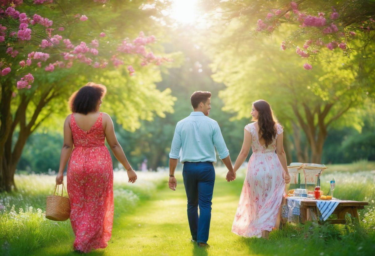 A serene, picturesque couple walking hand-in-hand in a lush green park, surrounded by blooming flowers and soft sunlight filtering through the trees. In the background, a colorful picnic setup adds warmth, symbolizing connection and affection. The couple shares a joyful laugh, reflecting harmony and companionship. The scene is inviting and vibrant, evoking feelings of love and partnership. vibrant colors. soft focus. natural lighting.